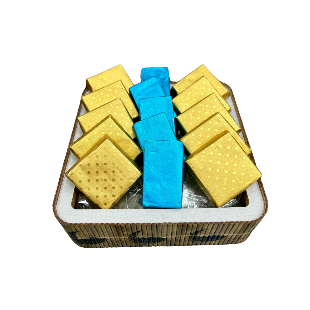 Premium Kunafa Chocolates Box - Luxurious selection of kunafa-wrapped chocolates with pistachio, hazelnut, and caramel fillings, perfect for Eid gifts.